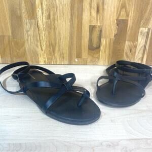 Anthropologie Black Leather Thong Flat Sandal Ankle Wrap 9